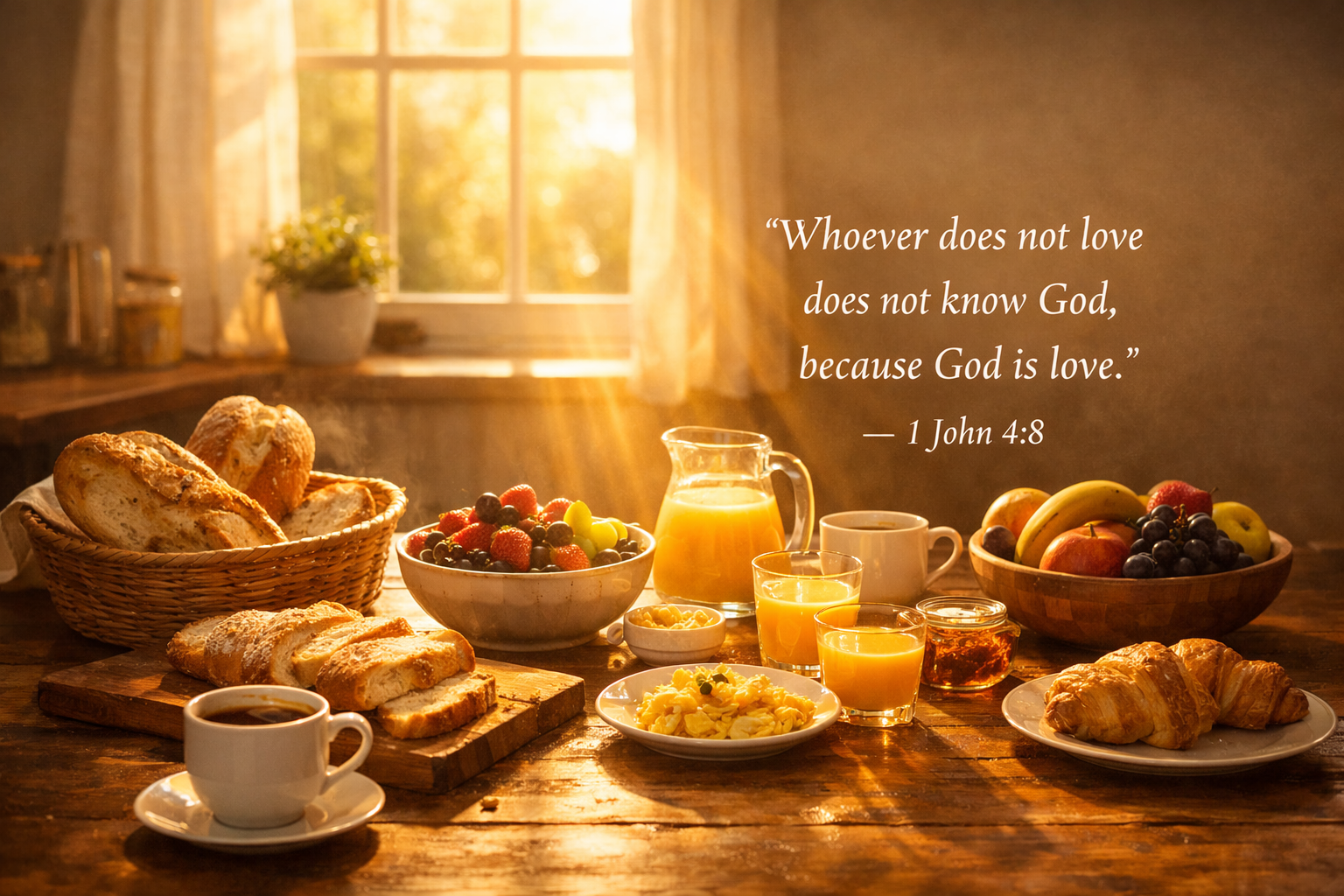 1 John 4:8 Bible verse wallpaper - Whoever does not love does not know God God is love - abundant breakfast spread on wooden table in warm morning sunlight